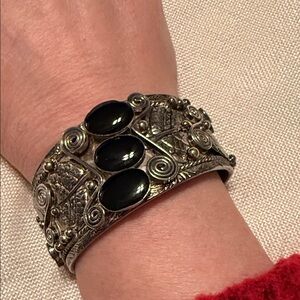 Silver Cuff Bracelet with Black Stones
